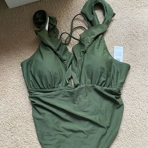 One piece, olive green bathing suit.